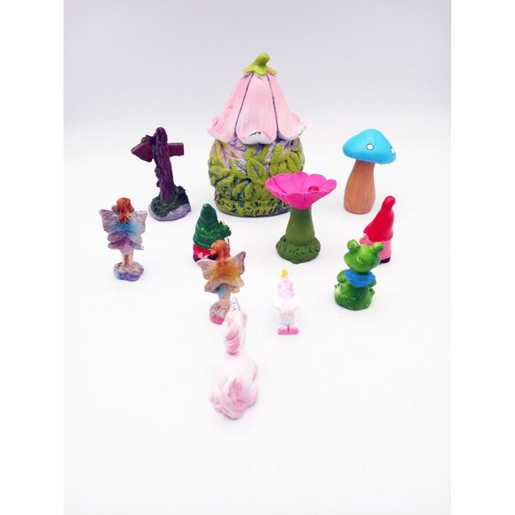 Fairy Garden Gnome 11 Piece Set Unicorns Frog Fairies Blue Mushroom Welcome Sign - Picture 2 of 14